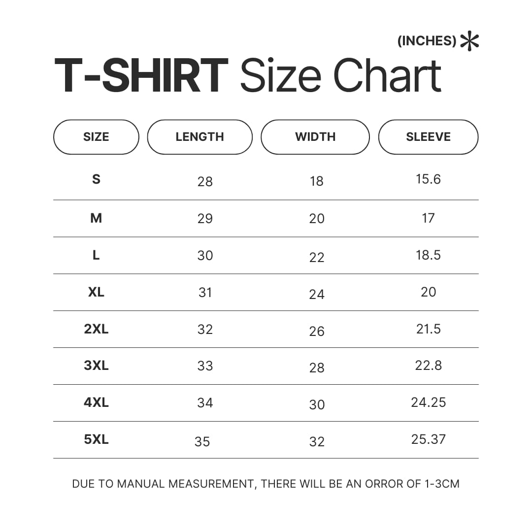 T shirt Size Chart - Monogatari Store